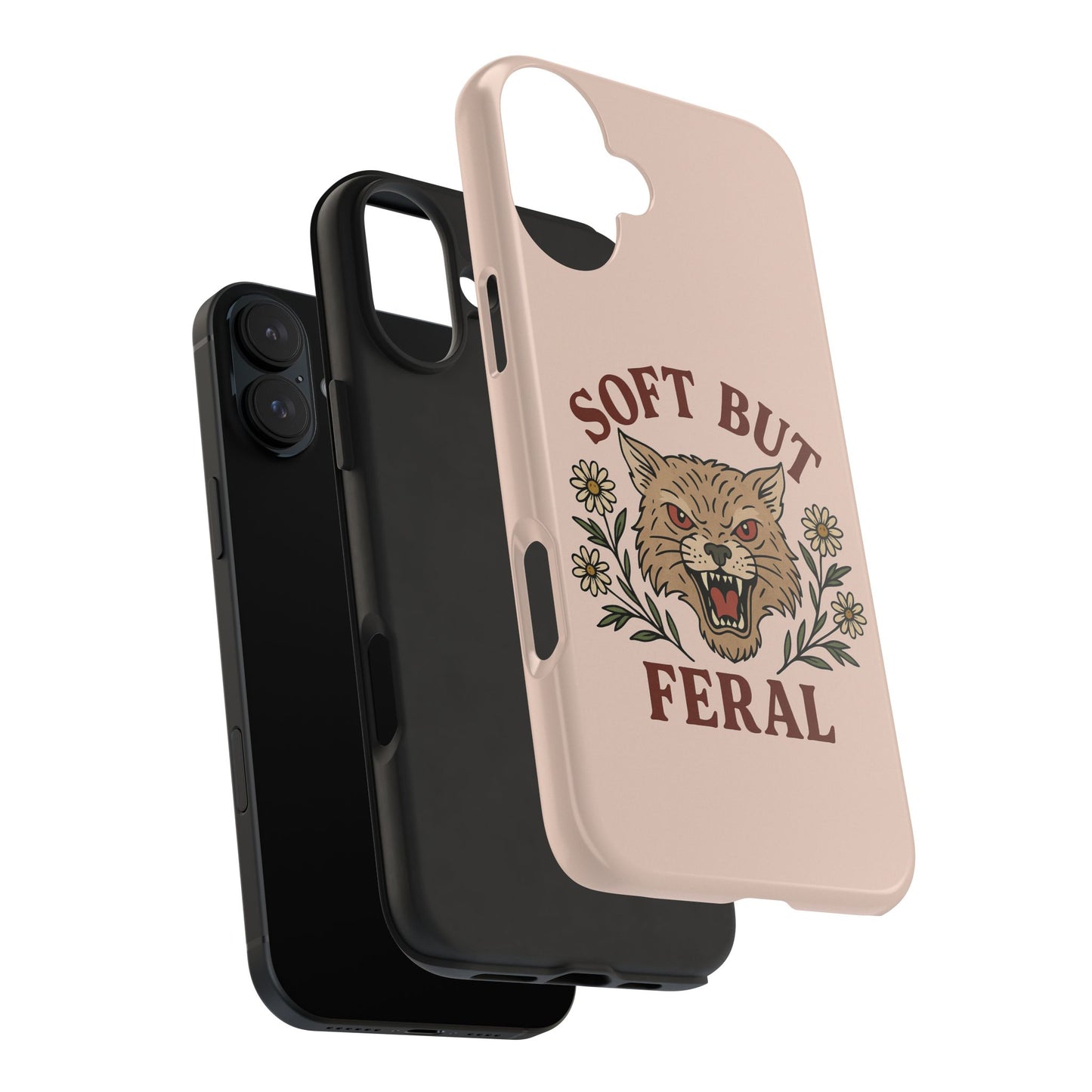 Soft but Feral Tough Phone Case, Floral Wildcat Design, Pretty and Powerful Gift for Girls, Phone Accessories, Protective Phone Cover,