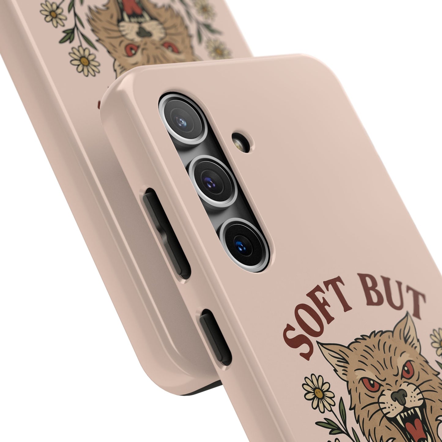 Soft but Feral Tough Phone Case, Floral Wildcat Design, Pretty and Powerful Gift for Girls, Phone Accessories, Protective Phone Cover,