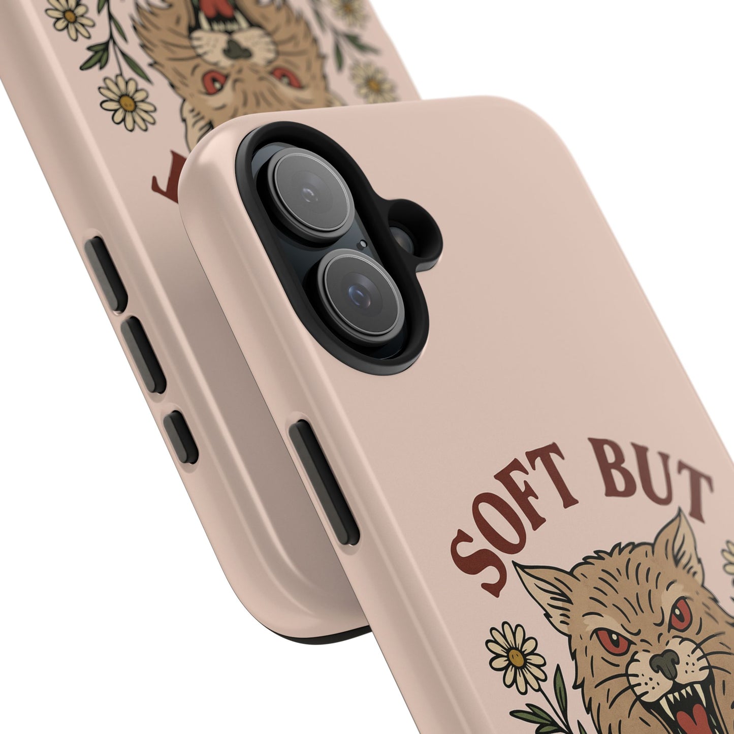Soft but Feral Tough Phone Case, Floral Wildcat Design, Pretty and Powerful Gift for Girls, Phone Accessories, Protective Phone Cover,