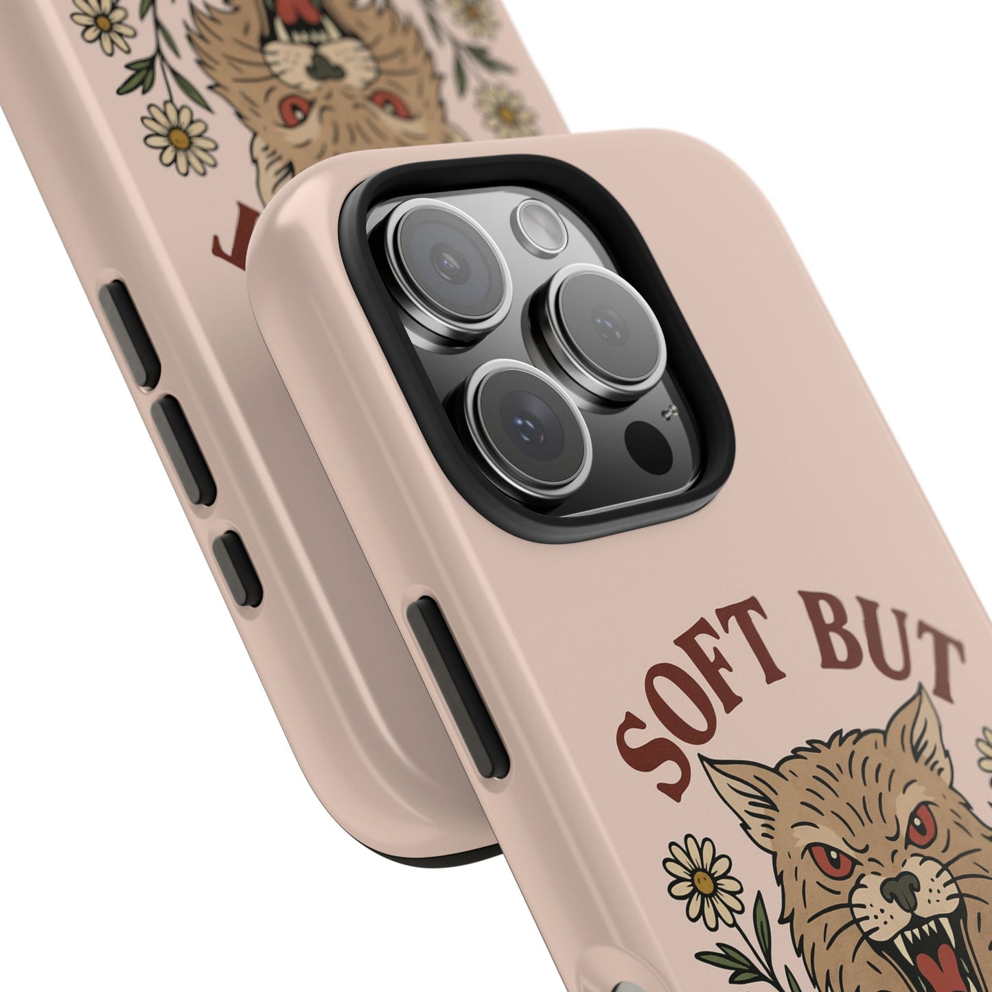 Soft but Feral Tough Phone Case, Floral Wildcat Design, Pretty and Powerful Gift for Girls, Phone Accessories, Protective Phone Cover,