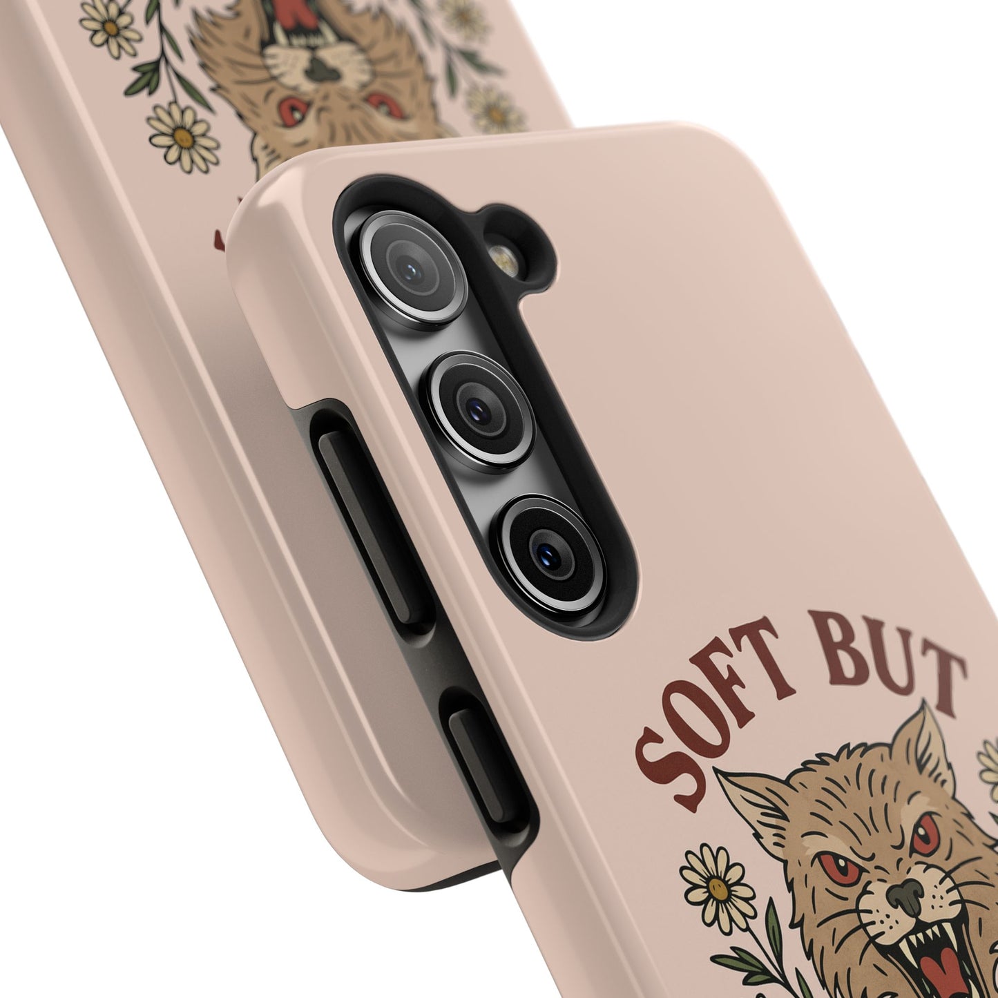 Soft but Feral Tough Phone Case, Floral Wildcat Design, Pretty and Powerful Gift for Girls, Phone Accessories, Protective Phone Cover,