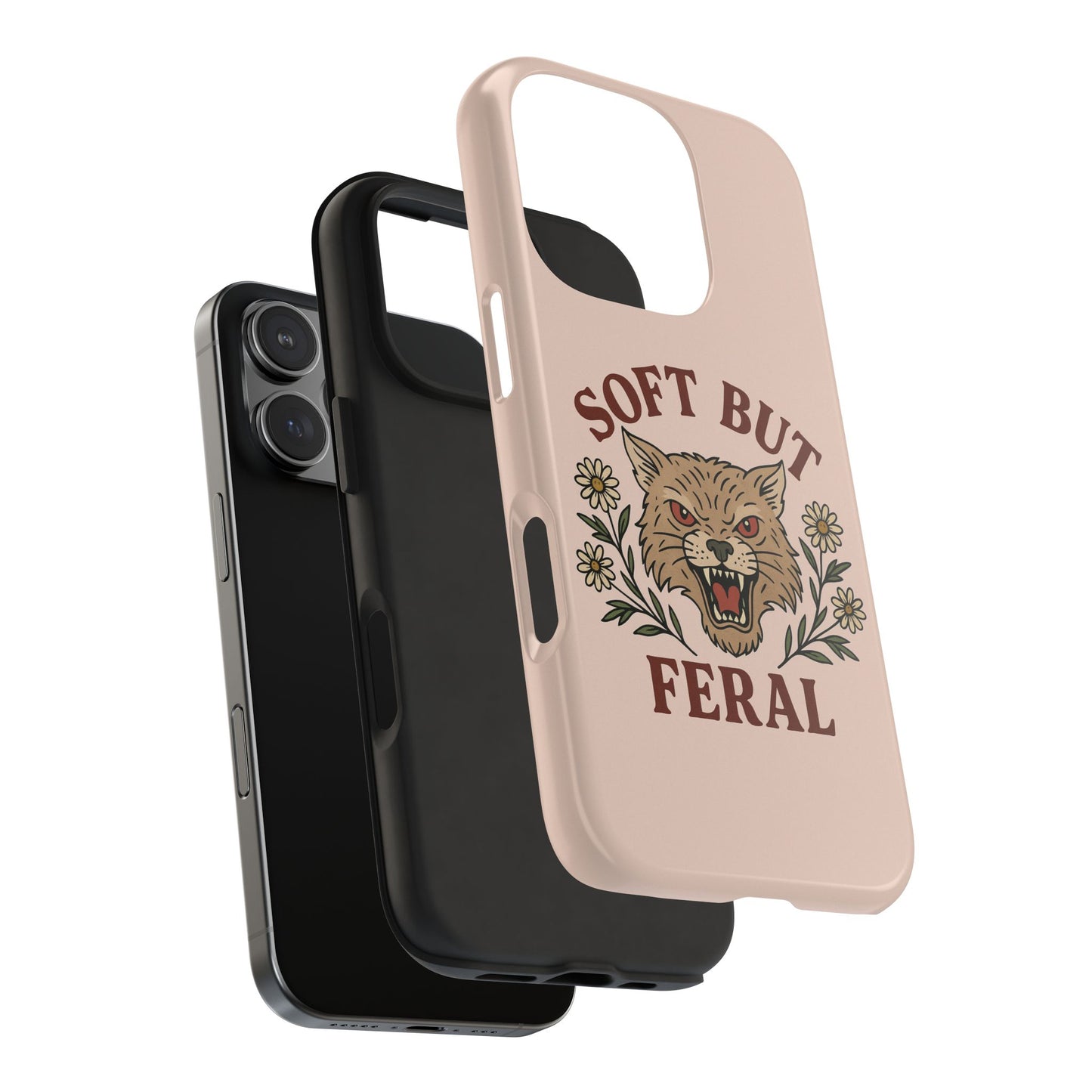 Soft but Feral Tough Phone Case, Floral Wildcat Design, Pretty and Powerful Gift for Girls, Phone Accessories, Protective Phone Cover,