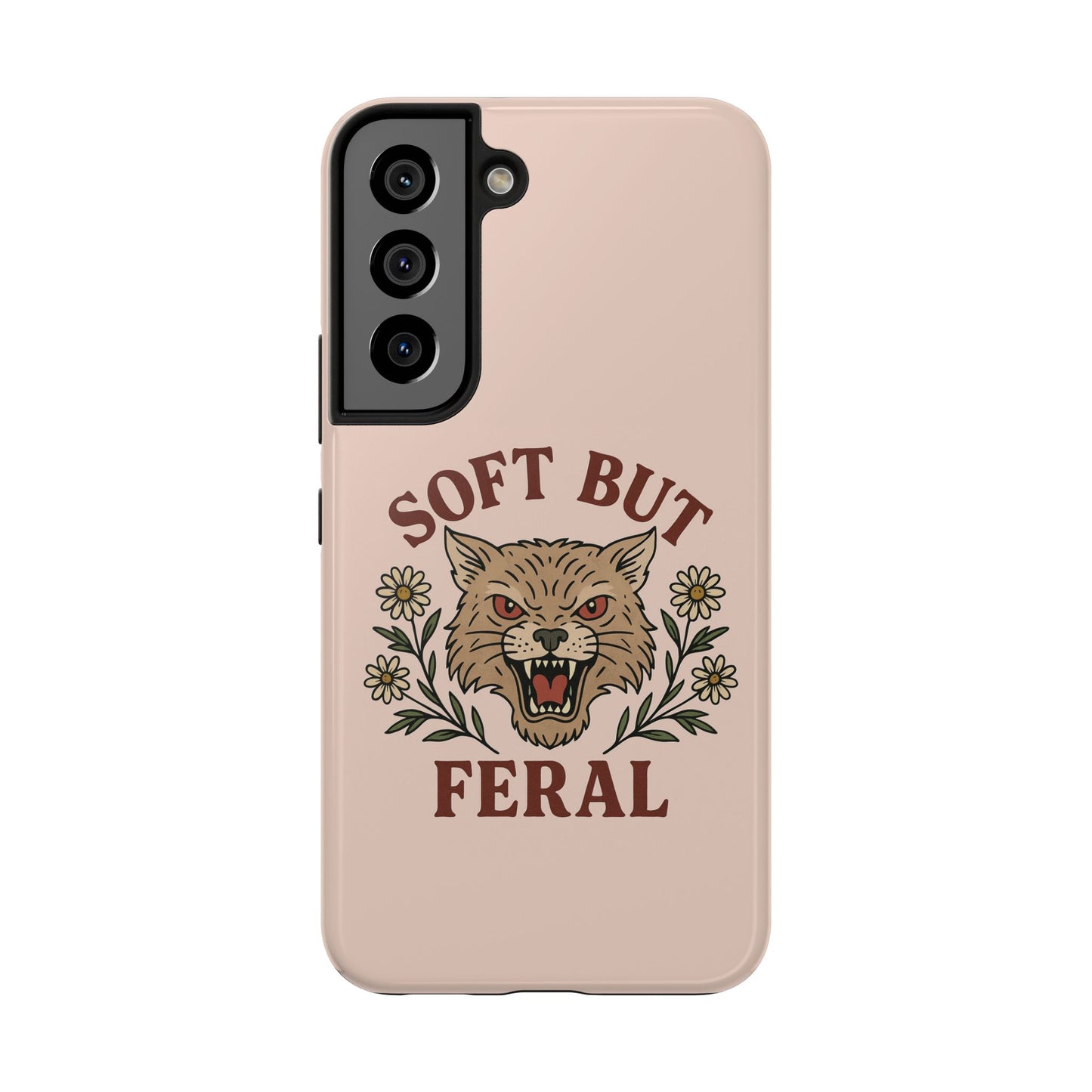 Soft but Feral Tough Phone Case, Floral Wildcat Design, Pretty and Powerful Gift for Girls, Phone Accessories, Protective Phone Cover,