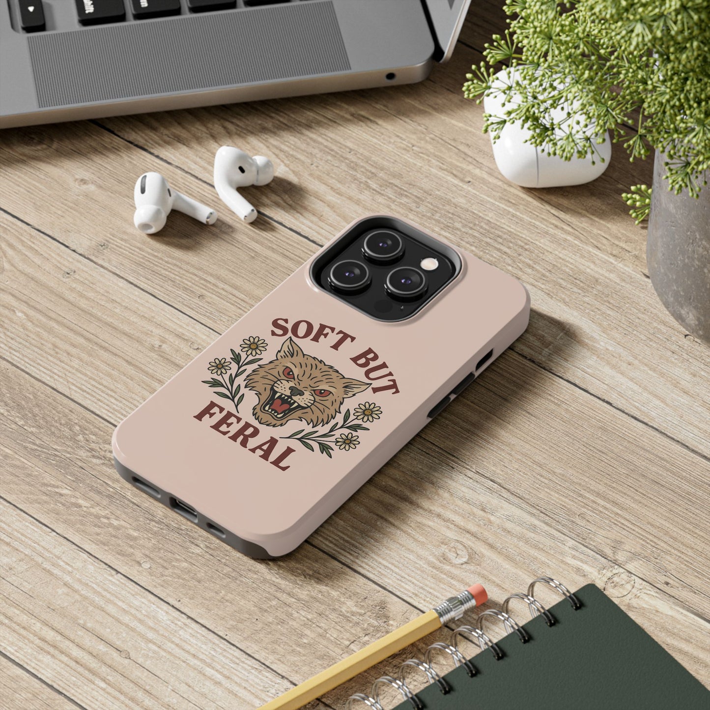 Soft but Feral Tough Phone Case, Floral Wildcat Design, Pretty and Powerful Gift for Girls, Phone Accessories, Protective Phone Cover,