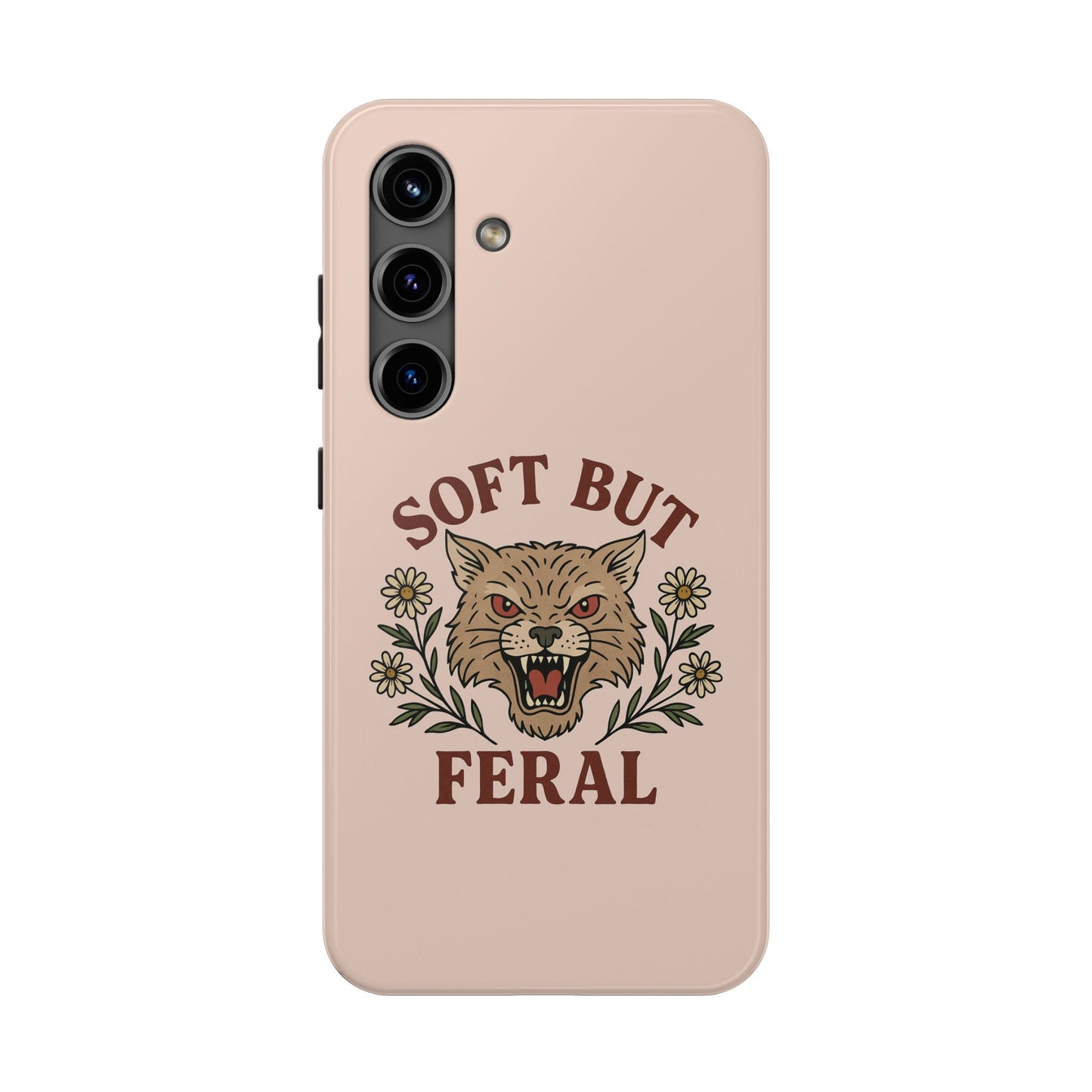 Soft but Feral Tough Phone Case, Floral Wildcat Design, Pretty and Powerful Gift for Girls, Phone Accessories, Protective Phone Cover,