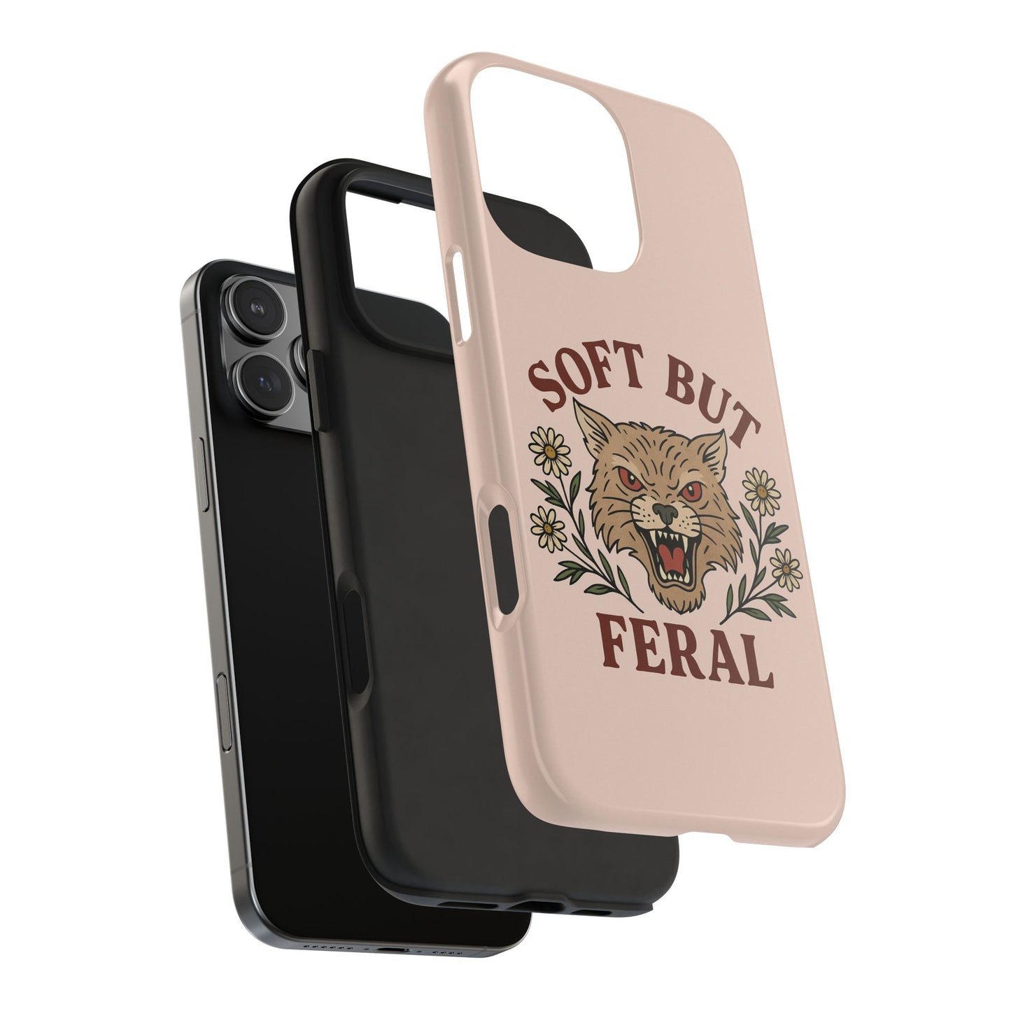 Soft but Feral Tough Phone Case, Floral Wildcat Design, Pretty and Powerful Gift for Girls, Phone Accessories, Protective Phone Cover,