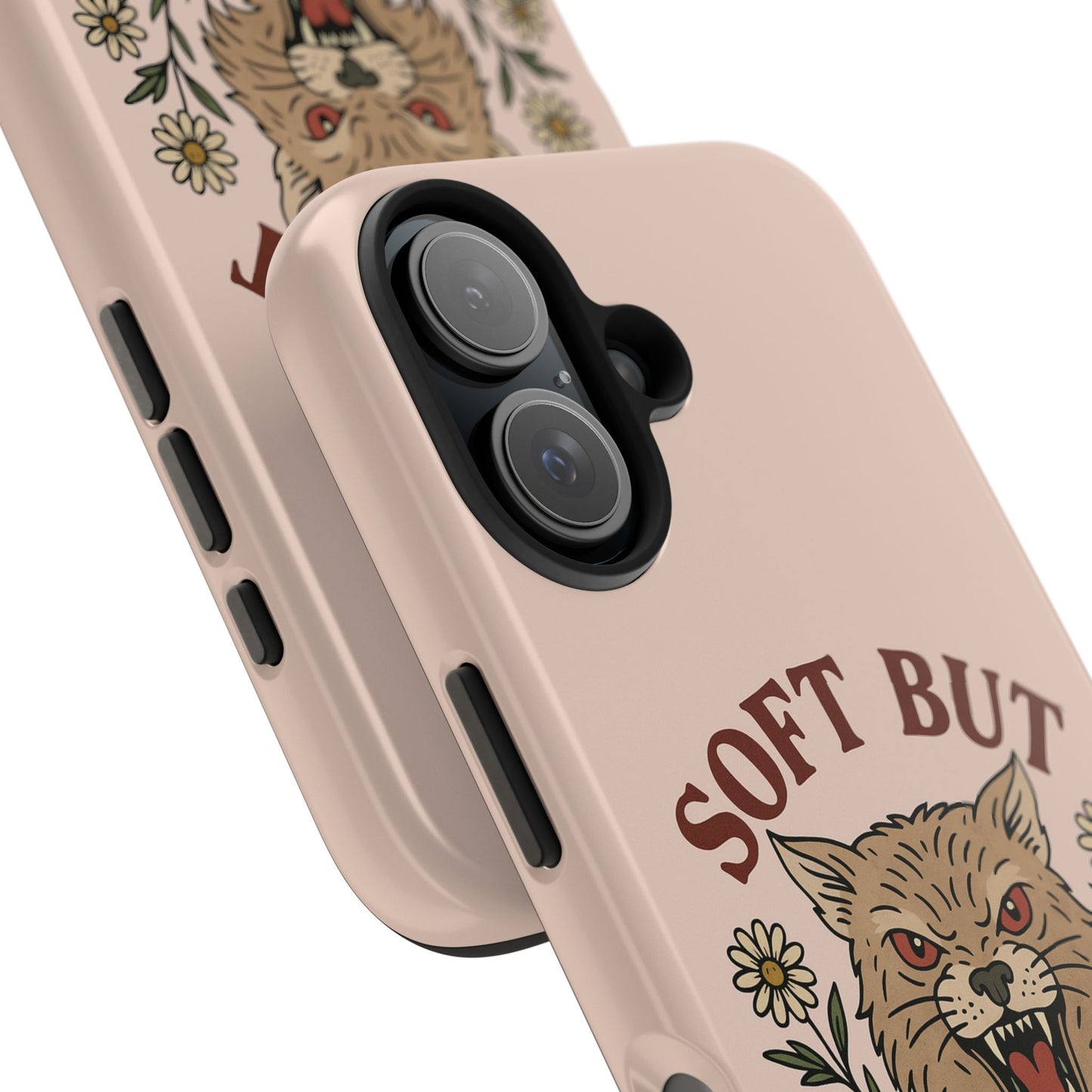 Soft but Feral Tough Phone Case, Floral Wildcat Design, Pretty and Powerful Gift for Girls, Phone Accessories, Protective Phone Cover,