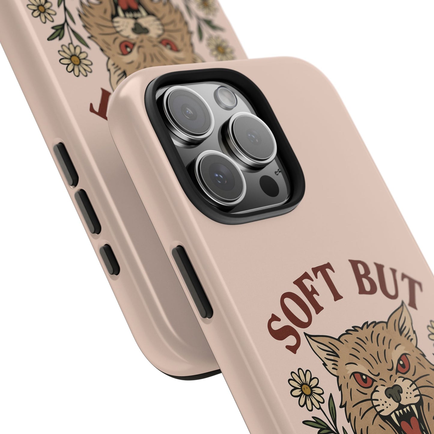 Soft but Feral Tough Phone Case, Floral Wildcat Design, Pretty and Powerful Gift for Girls, Phone Accessories, Protective Phone Cover,