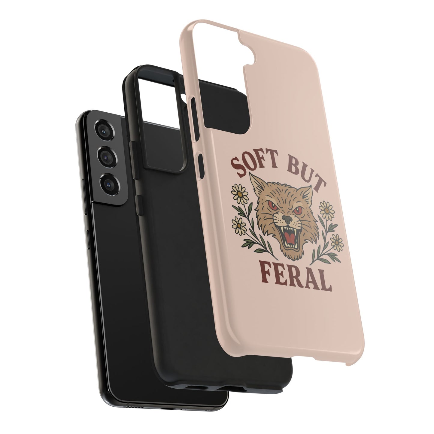 Soft but Feral Tough Phone Case, Floral Wildcat Design, Pretty and Powerful Gift for Girls, Phone Accessories, Protective Phone Cover,