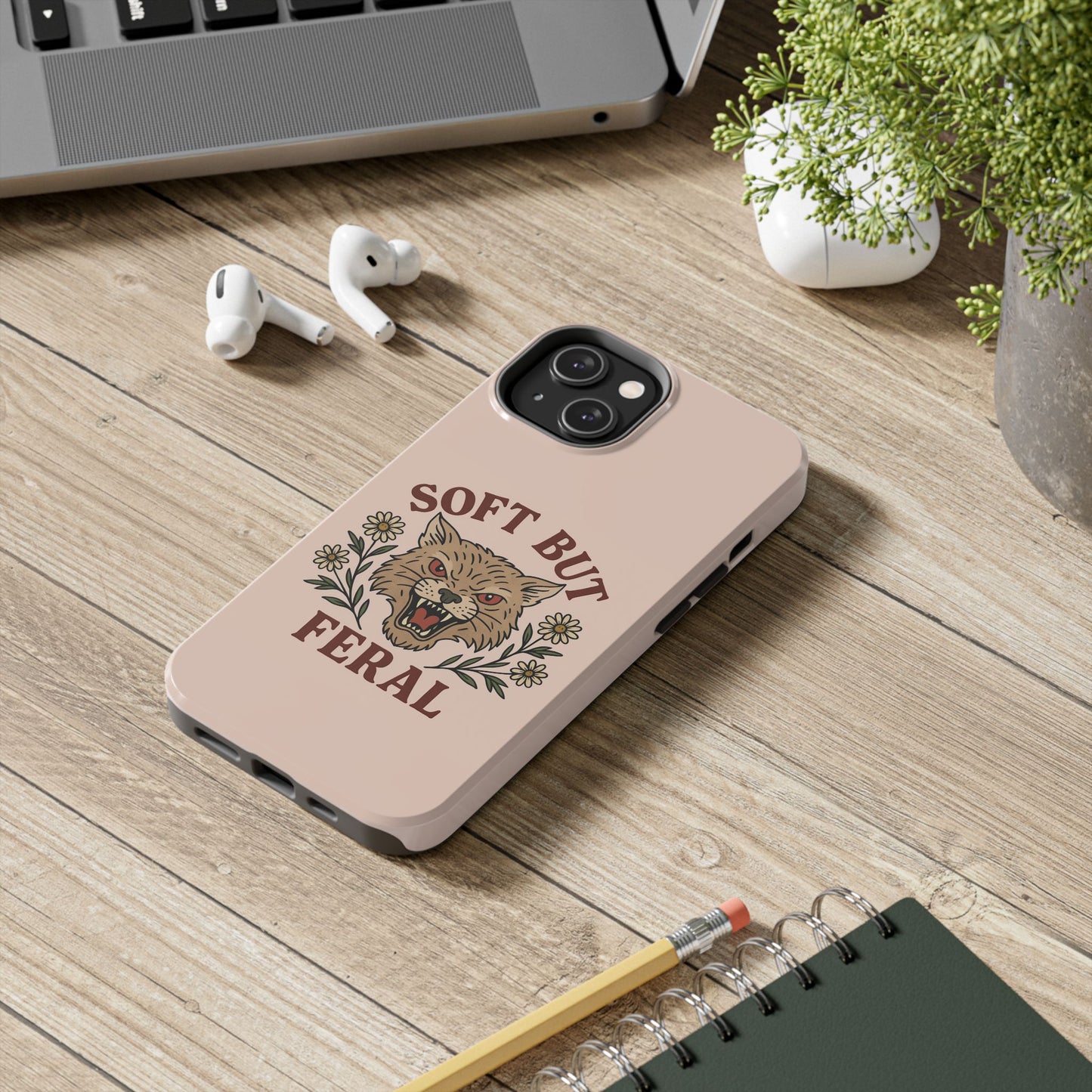 Soft but Feral Tough Phone Case, Floral Wildcat Design, Pretty and Powerful Gift for Girls, Phone Accessories, Protective Phone Cover,