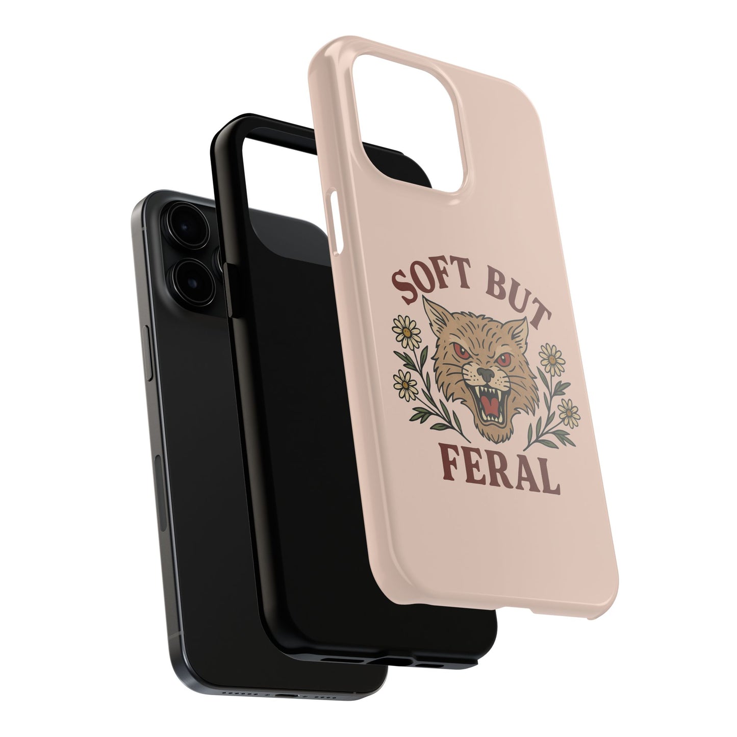 Soft but Feral Tough Phone Case, Floral Wildcat Design, Pretty and Powerful Gift for Girls, Phone Accessories, Protective Phone Cover,