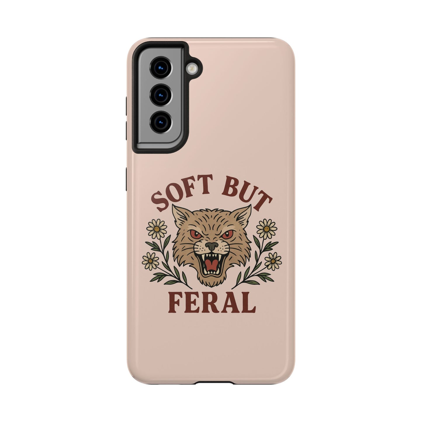 Soft but Feral Tough Phone Case, Floral Wildcat Design, Pretty and Powerful Gift for Girls, Phone Accessories, Protective Phone Cover,