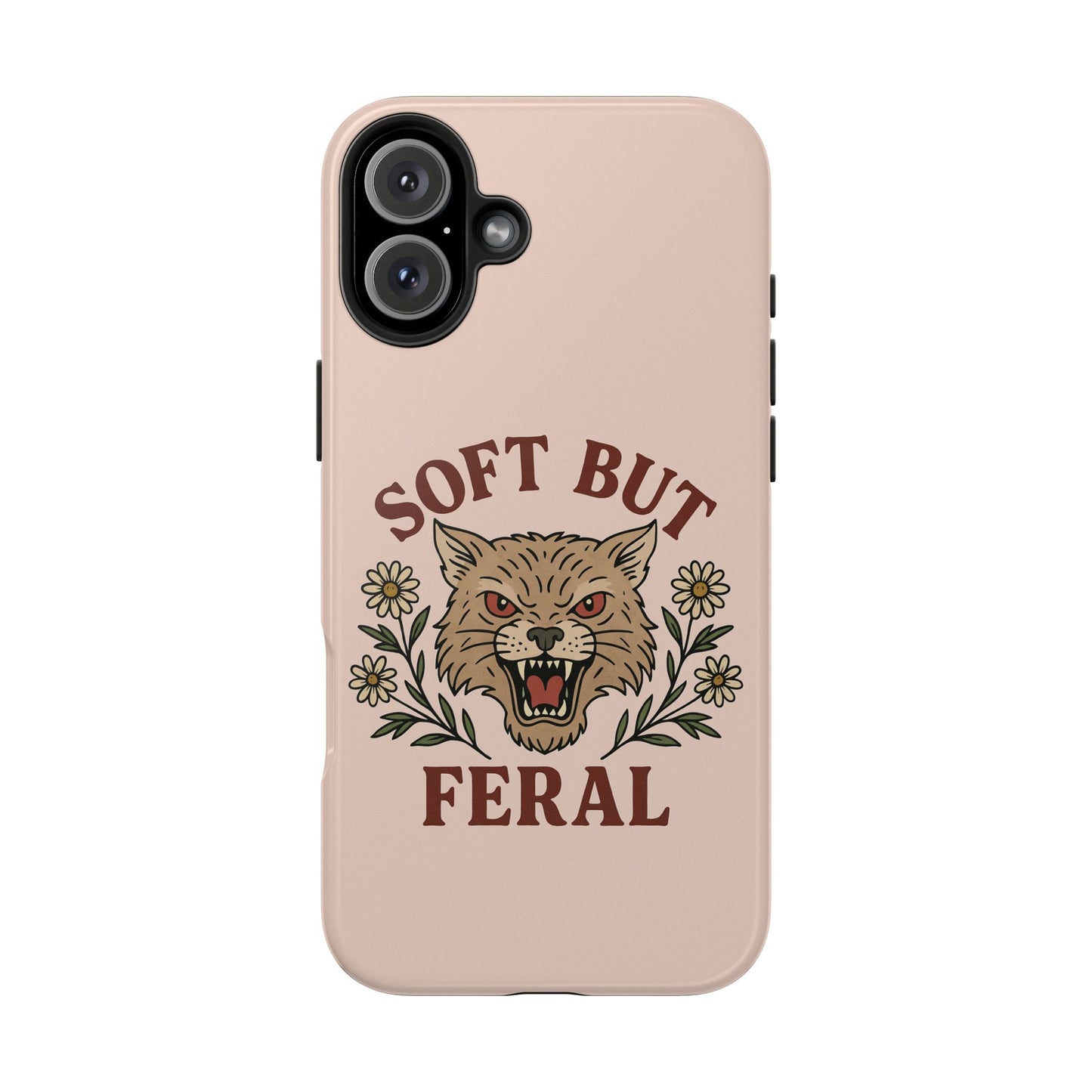 Soft but Feral Tough Phone Case, Floral Wildcat Design, Pretty and Powerful Gift for Girls, Phone Accessories, Protective Phone Cover,