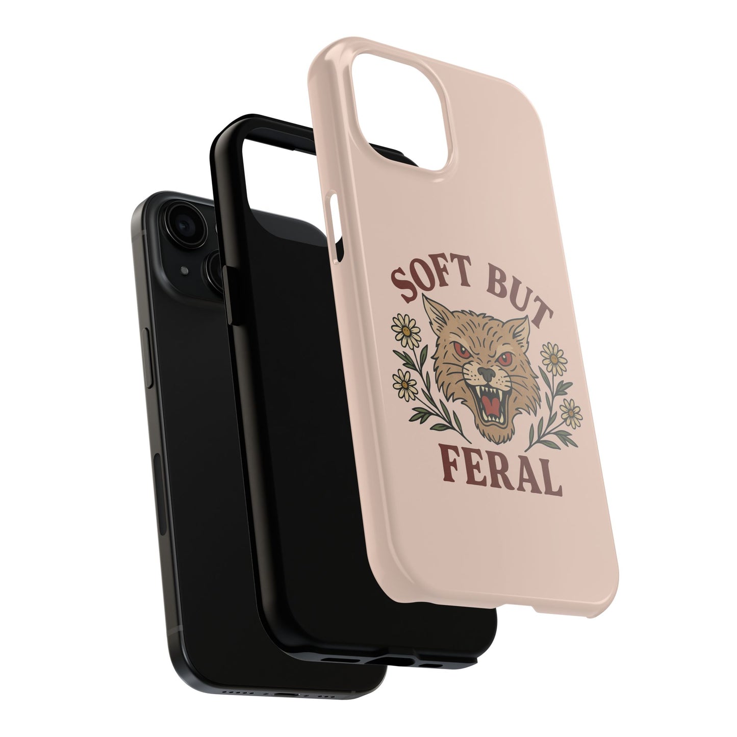 Soft but Feral Tough Phone Case, Floral Wildcat Design, Pretty and Powerful Gift for Girls, Phone Accessories, Protective Phone Cover,