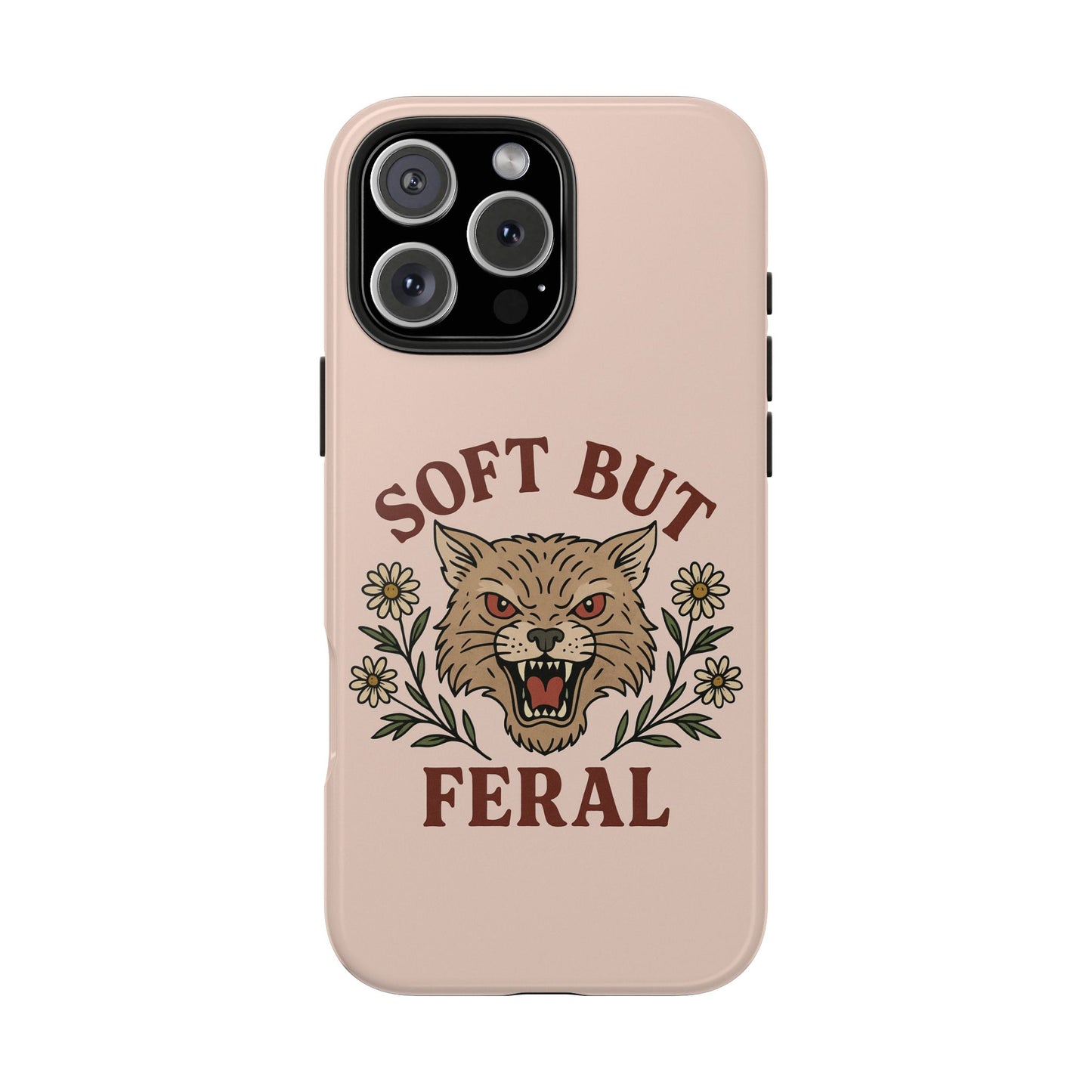 Soft but Feral Tough Phone Case, Floral Wildcat Design, Pretty and Powerful Gift for Girls, Phone Accessories, Protective Phone Cover,