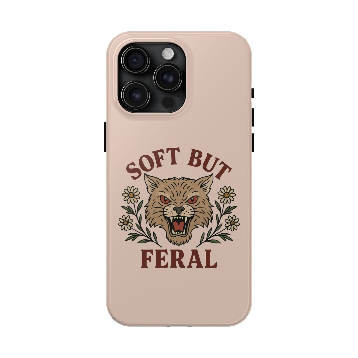 Soft but Feral Tough Phone Case, Floral Wildcat Design, Pretty and Powerful Gift for Girls, Phone Accessories, Protective Phone Cover,