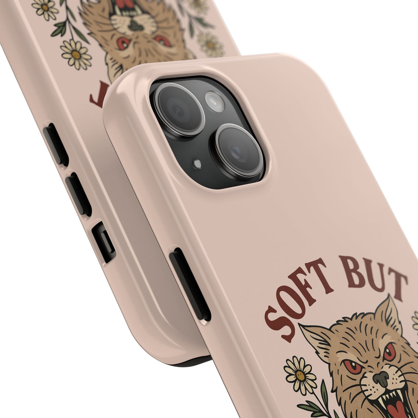 Soft but Feral Tough Phone Case, Floral Wildcat Design, Pretty and Powerful Gift for Girls, Phone Accessories, Protective Phone Cover,