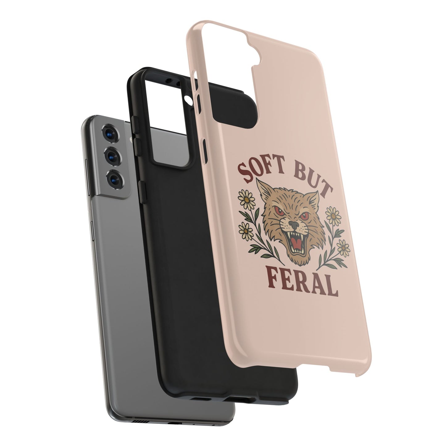 Soft but Feral Tough Phone Case, Floral Wildcat Design, Pretty and Powerful Gift for Girls, Phone Accessories, Protective Phone Cover,
