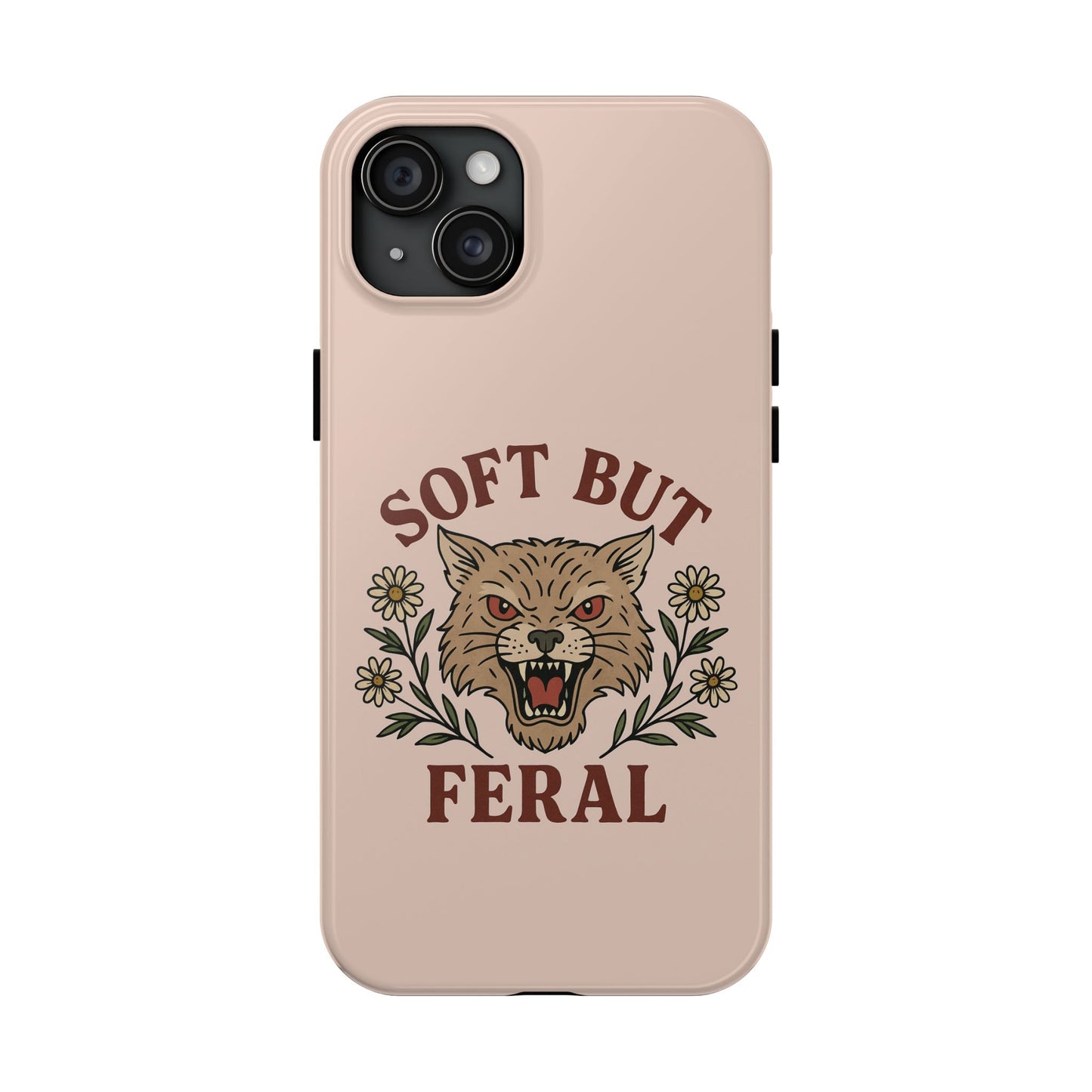 Soft but Feral Tough Phone Case, Floral Wildcat Design, Pretty and Powerful Gift for Girls, Phone Accessories, Protective Phone Cover,