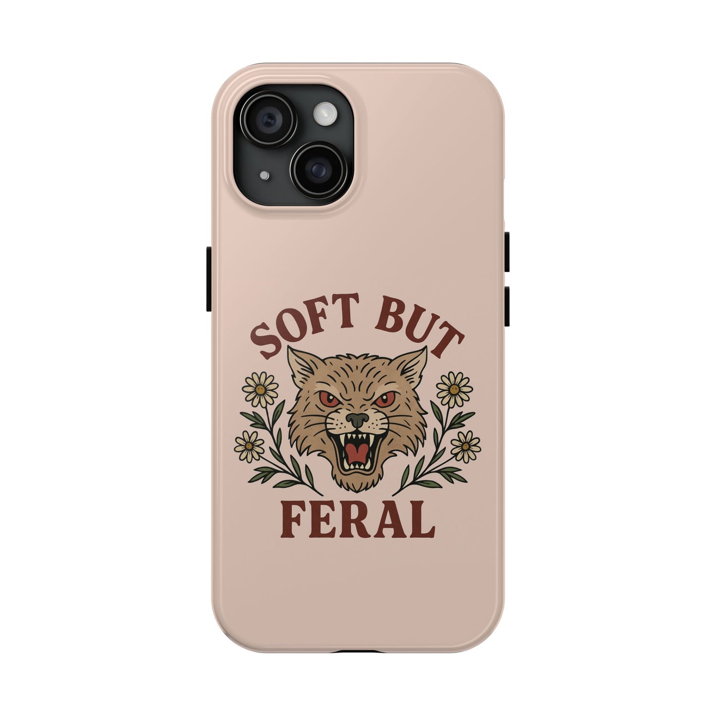 Soft but Feral Tough Phone Case, Floral Wildcat Design, Pretty and Powerful Gift for Girls, Phone Accessories, Protective Phone Cover,