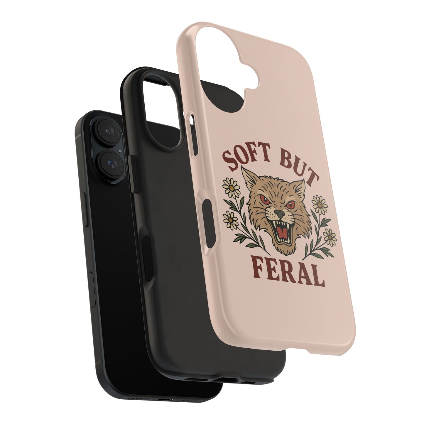 Soft but Feral Tough Phone Case, Floral Wildcat Design, Pretty and Powerful Gift for Girls, Phone Accessories, Protective Phone Cover,