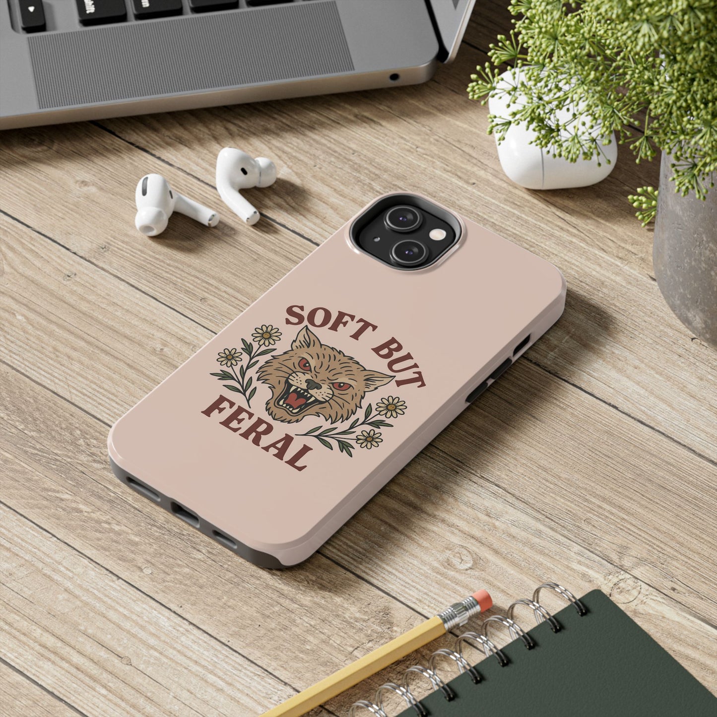 Soft but Feral Tough Phone Case, Floral Wildcat Design, Pretty and Powerful Gift for Girls, Phone Accessories, Protective Phone Cover,