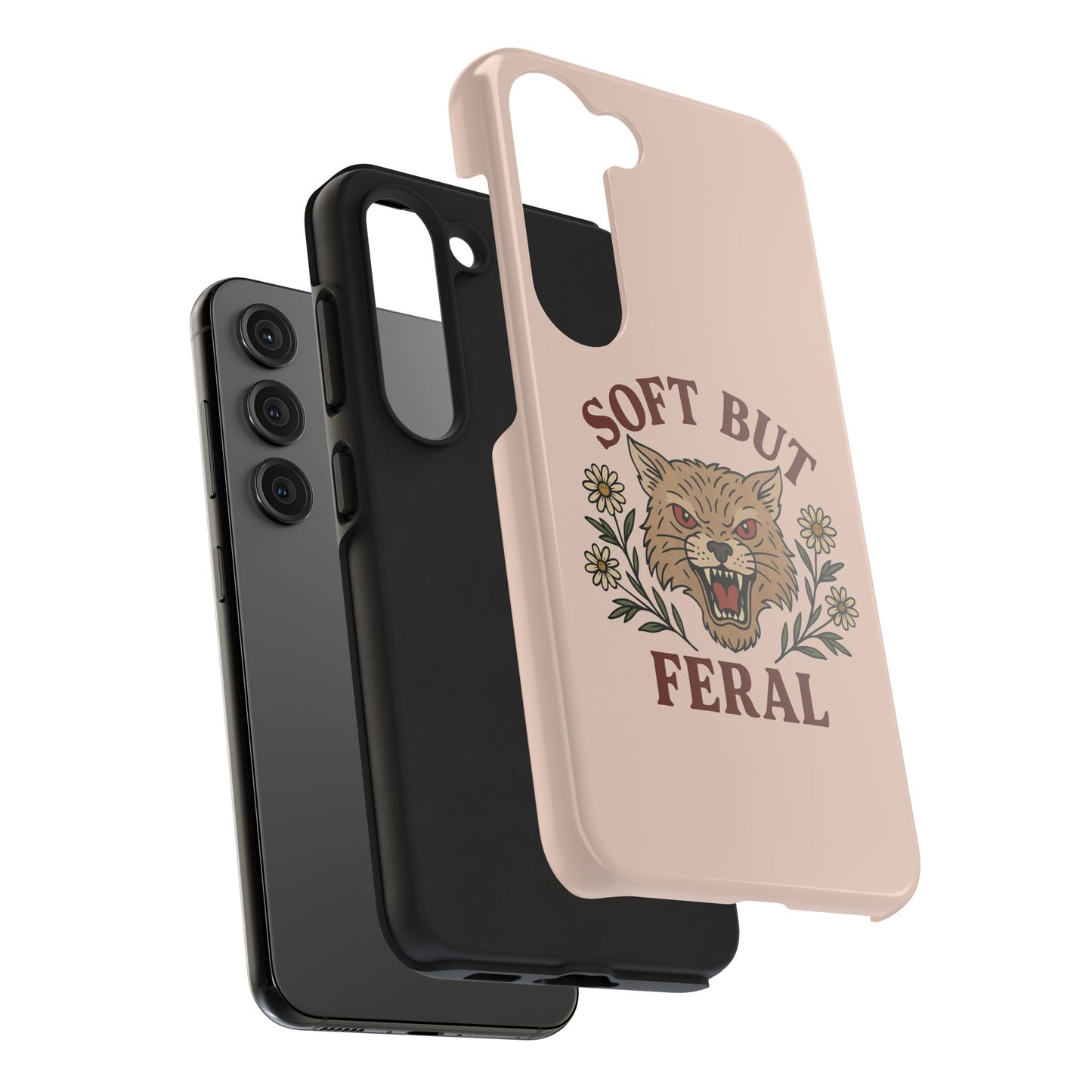 Soft but Feral Tough Phone Case, Floral Wildcat Design, Pretty and Powerful Gift for Girls, Phone Accessories, Protective Phone Cover,