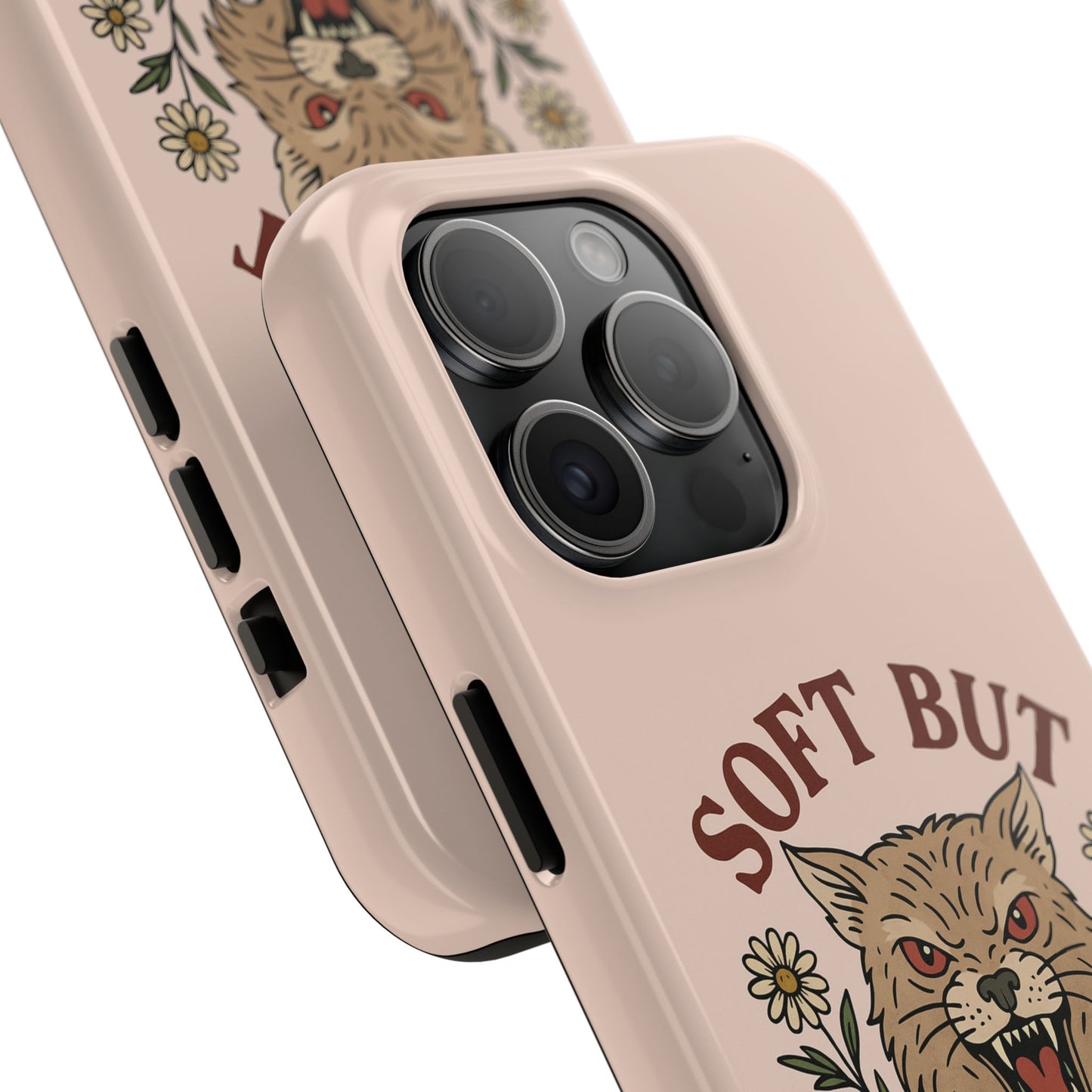 Soft but Feral Tough Phone Case, Floral Wildcat Design, Pretty and Powerful Gift for Girls, Phone Accessories, Protective Phone Cover,