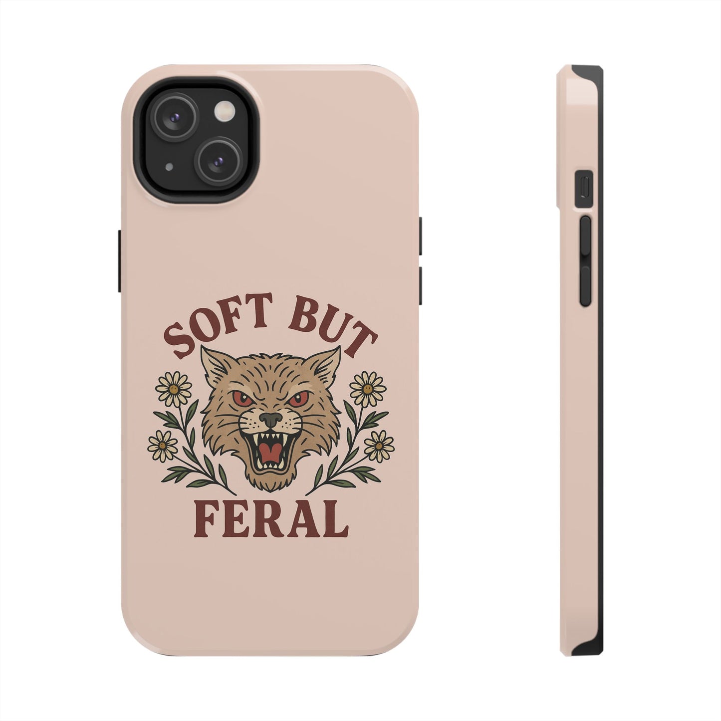Soft but Feral Tough Phone Case, Floral Wildcat Design, Pretty and Powerful Gift for Girls, Phone Accessories, Protective Phone Cover,