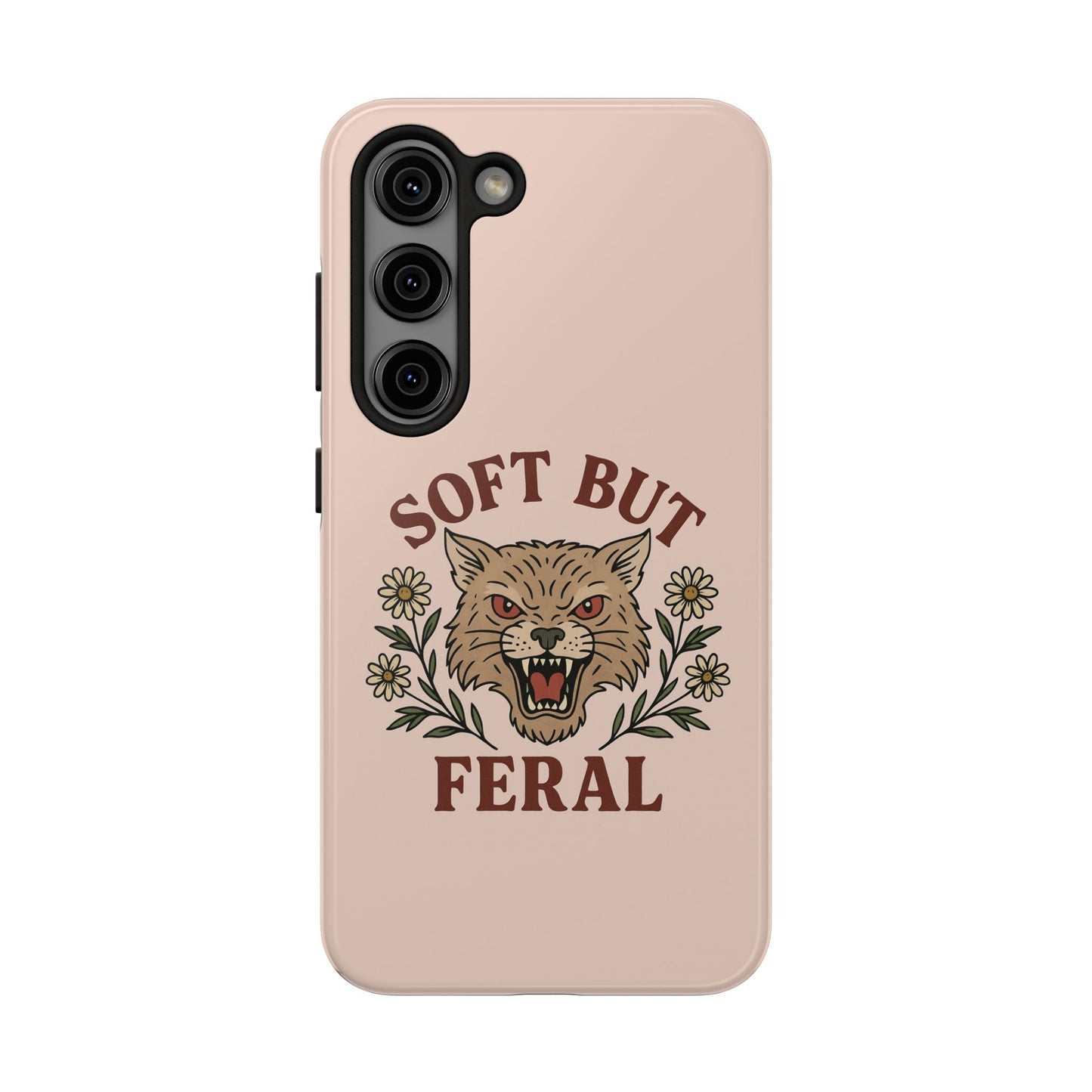 Soft but Feral Tough Phone Case, Floral Wildcat Design, Pretty and Powerful Gift for Girls, Phone Accessories, Protective Phone Cover,