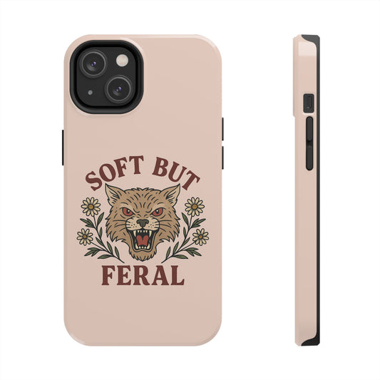 Soft but Feral Tough Phone Case, Floral Wildcat Design, Pretty and Powerful Gift for Girls, Phone Accessories, Protective Phone Cover,