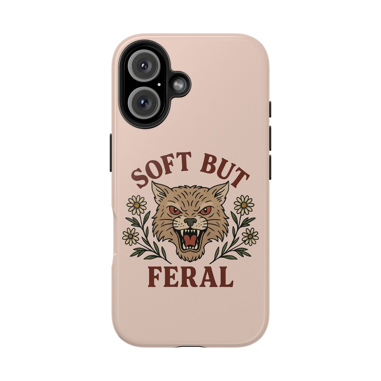 Soft but Feral Tough Phone Case, Floral Wildcat Design, Pretty and Powerful Gift for Girls, Phone Accessories, Protective Phone Cover,