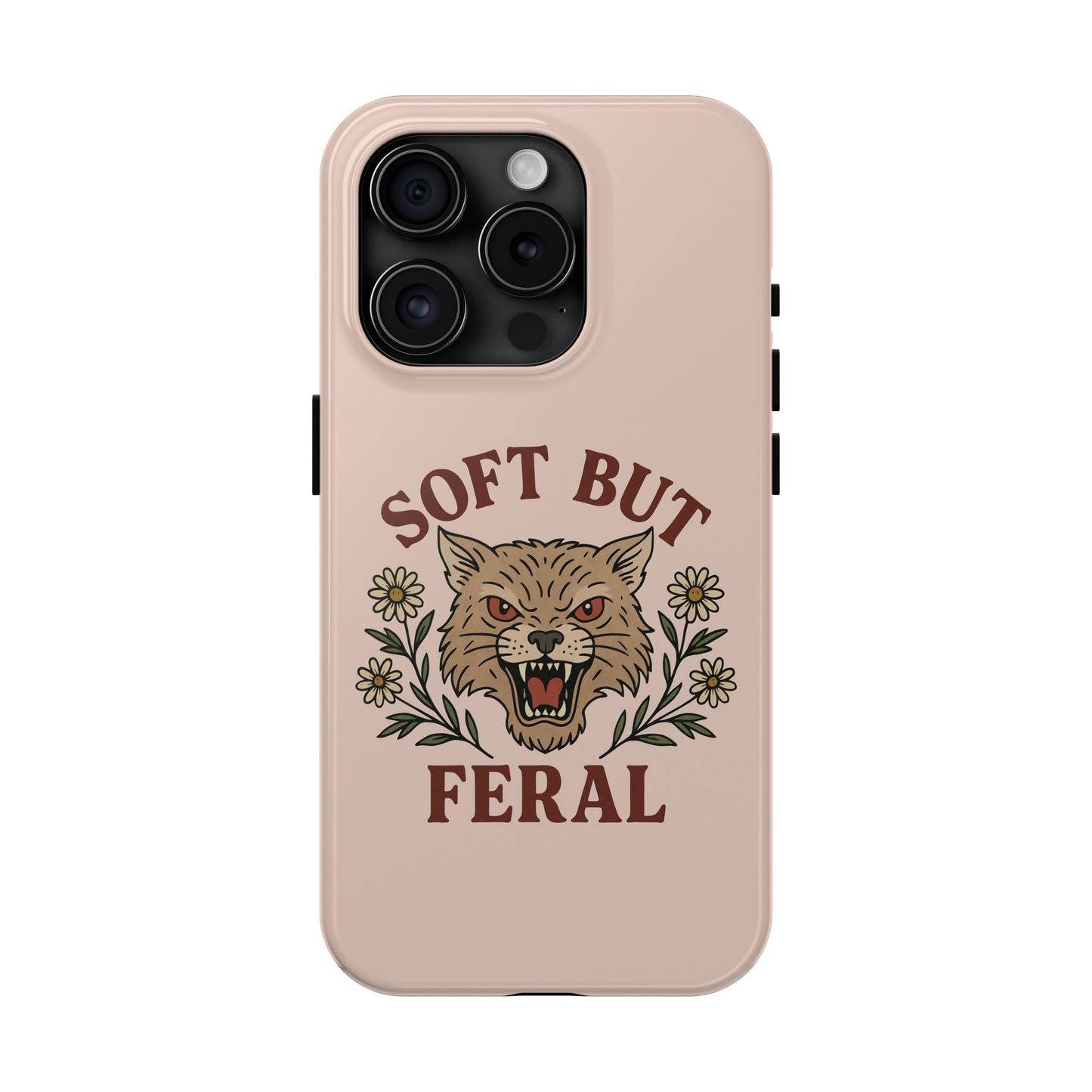 Soft but Feral Tough Phone Case, Floral Wildcat Design, Pretty and Powerful Gift for Girls, Phone Accessories, Protective Phone Cover,