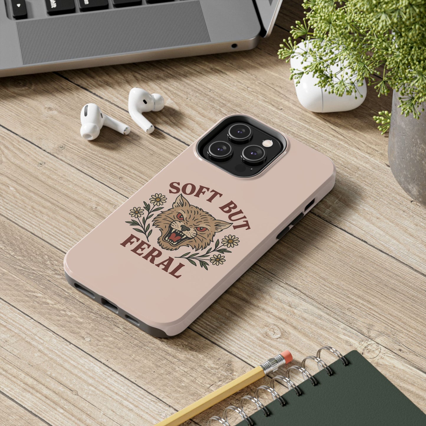 Soft but Feral Tough Phone Case, Floral Wildcat Design, Pretty and Powerful Gift for Girls, Phone Accessories, Protective Phone Cover,
