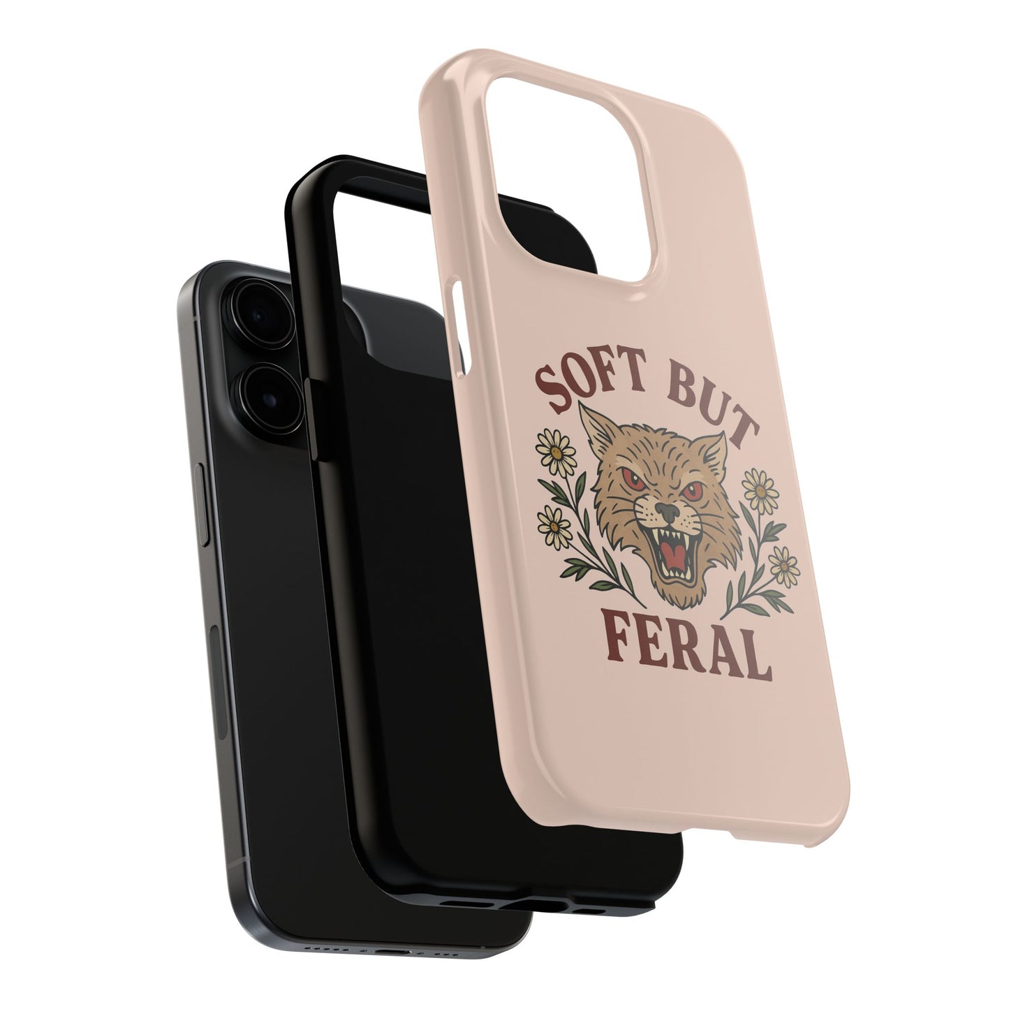 Soft but Feral Tough Phone Case, Floral Wildcat Design, Pretty and Powerful Gift for Girls, Phone Accessories, Protective Phone Cover,